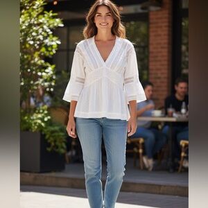 Sundance White Cotton Lace Peasant Blouse Boho 3/4 Sleeve Size M